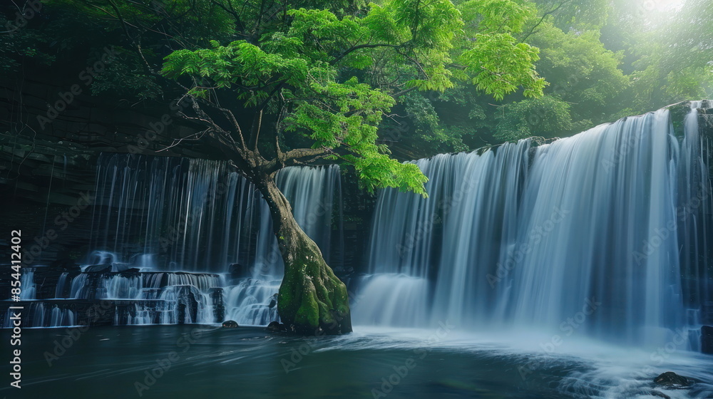 beautiful waterfall with green tree, nature landscape beautiful waterfall with green tree, nature landscape