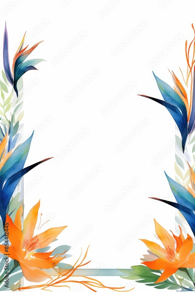 bird of paradise themed frame or border for photos .featuring exotic orange and blue flowers. watercolor illustration, white color background. bird of paradise themed frame or border for photos .featuring exotic orange and blue flowers. watercolor illustration, white color background.
