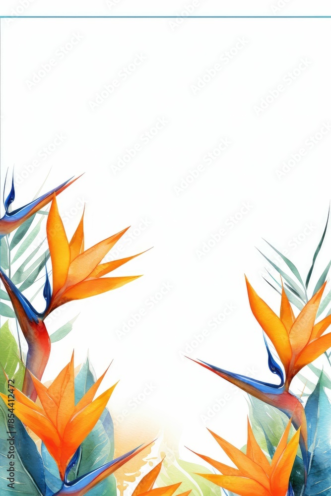 bird of paradise themed frame or border for photos .featuring exotic orange and blue flowers. watercolor illustration, white color background. bird of paradise themed frame or border for photos .featuring exotic orange and blue flowers. watercolor illustration, white color background.