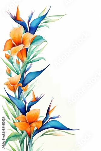 bird of paradise themed frame or border for photos .featuring exotic orange and blue flowers. watercolor illustration, white color background. 