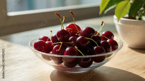 A bowl of healthy fresh ripe cherries is served on the table, next to the glass window