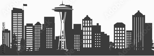 Black and white Seattle city skyline silhouette featuring iconic buildings, urban landscape, minimalist design