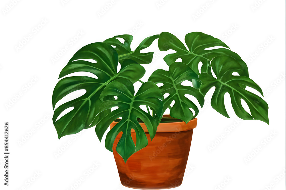 Obraz premium Monstera in a pot isolated on white background, Close up of tropical leaves or houseplant that grow indoor for decorative purpose. 