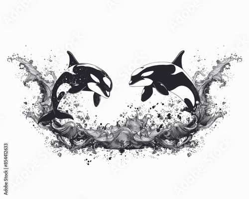 Black and white illustration of two orcas jumping through water splashes, dynamic marine life art, detailed wildlife design