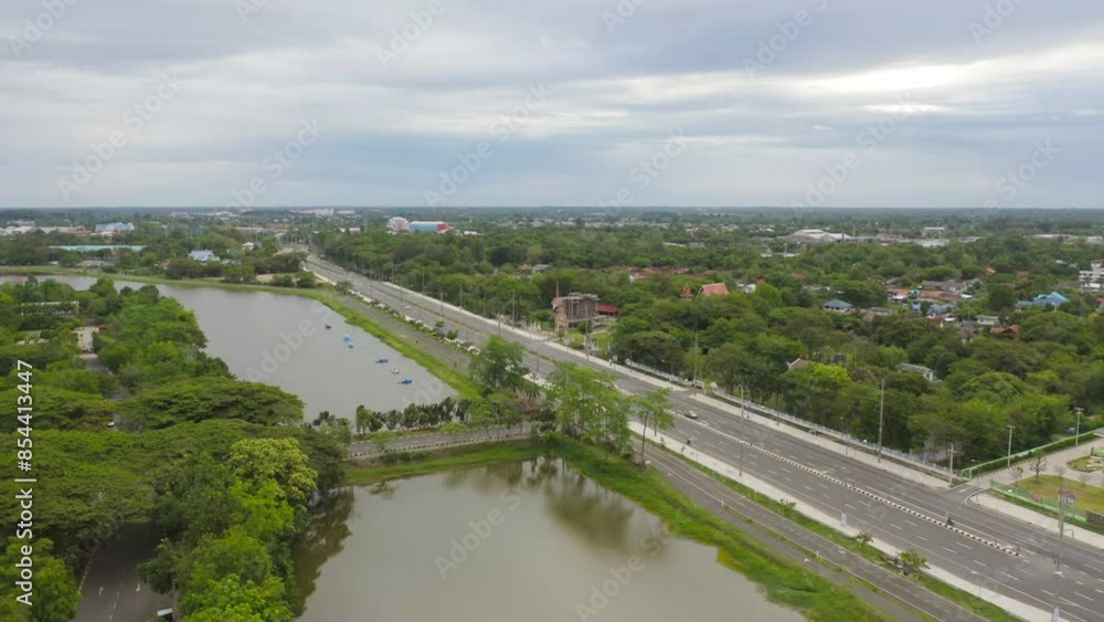 Aerial view of Sisaket tower, tourist attraction landmark. Urban housing development from above. Top view. Real estate in city, Thailand. Property real estate. Aerial view of Sisaket tower, tourist attraction landmark. Urban housing development from above. Top view. Real estate in city, Thailand. Property real estate.