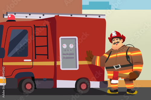 Firefighter in Front of Firetruck Vector Illustration