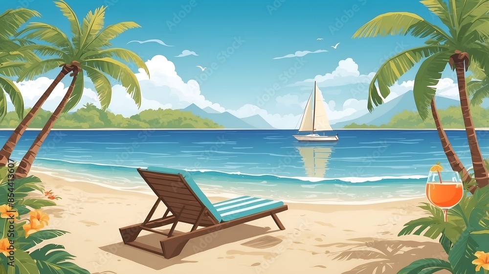 Serenity at Tropical Beach: Palm Trees, Sailboat, Lounge Chair, and Blue Sky Serenity at Tropical Beach: Palm Trees, Sailboat, Lounge Chair, and Blue Sky