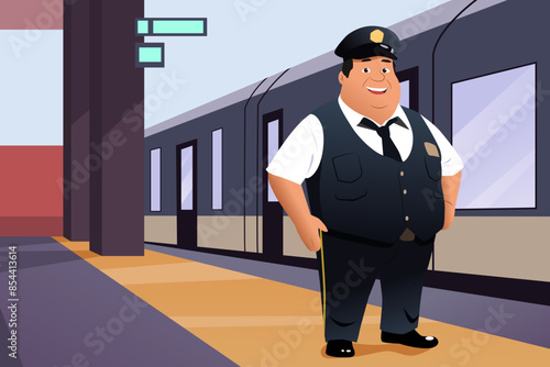 Train Conductor In Front of the Train Vector Illustration