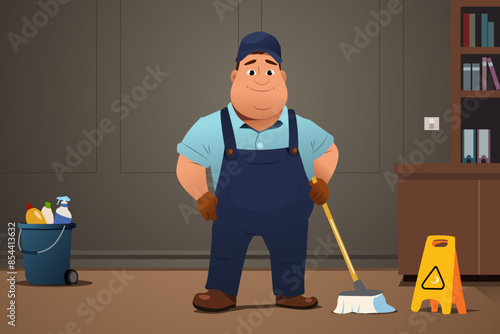 Janitor Cleaning Service Working Vector Illustration