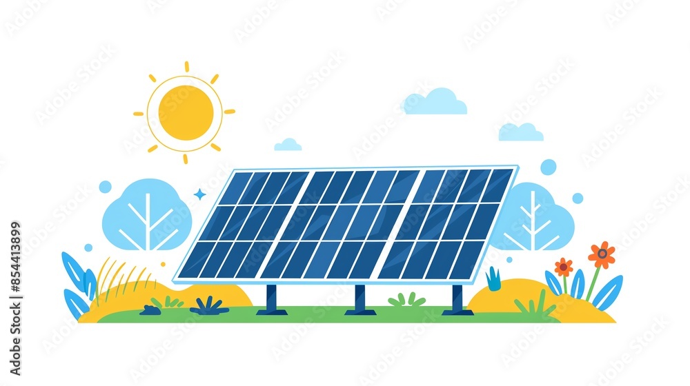 Naklejka premium Illustration of solar panel in a sunny landscape, showcasing renewable energy and sustainability in an eco-friendly environment.