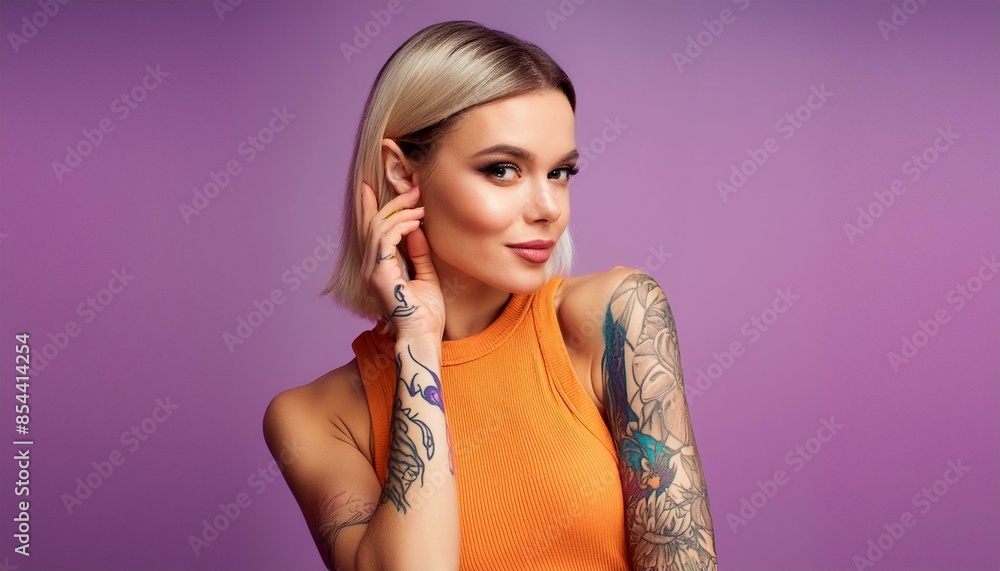 Young blonde woman with arm tattoos isolated on purple background cool edgy vibe orange shirt Young blonde woman with arm tattoos isolated on purple background cool edgy vibe orange shirt