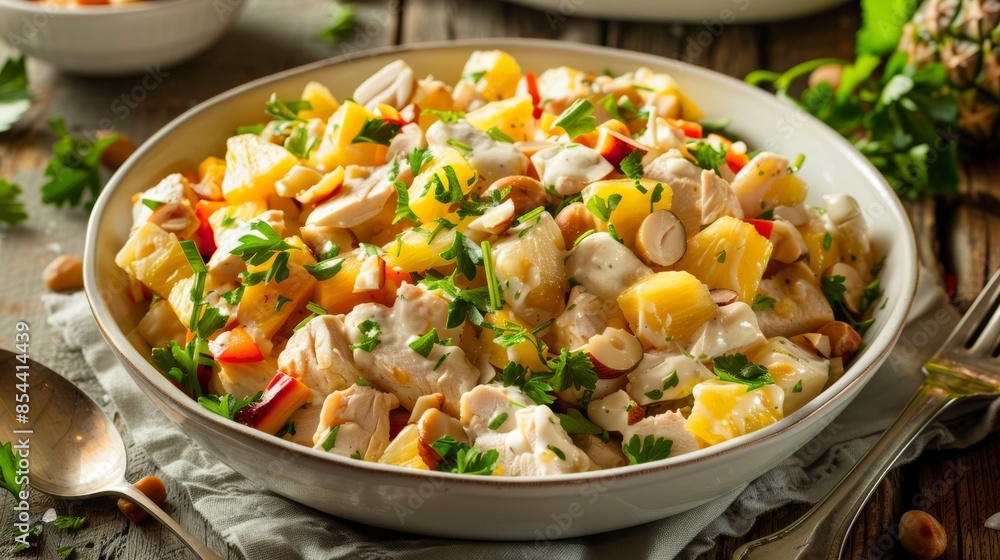 A tropical chicken salad with chunks of pineapple crunchy macadamia nuts and a creamy dressing. A tropical chicken salad with chunks of pineapple crunchy macadamia nuts and a creamy dressing.