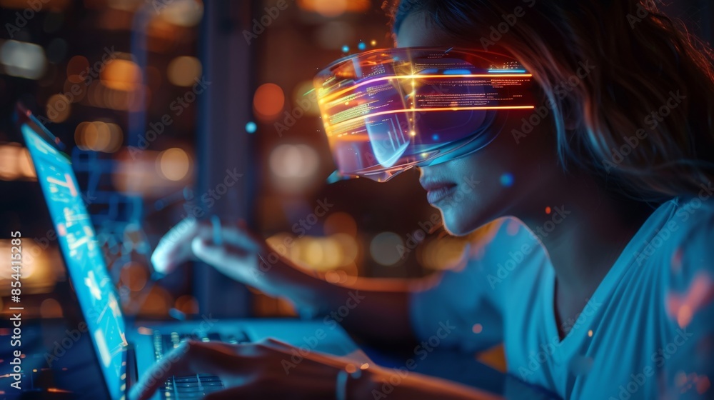 Close-up of Woman's Hands Typing on Laptop with Virtual Reality Glasses and Holographic Screen Displaying Business Data, Showcasing Innovative Remote Work Tools Close-up of Woman's Hands Typing on Laptop with Virtual Reality Glasses and Holographic Screen Displaying Business Data, Showcasing Innovative Remote Work Tools
