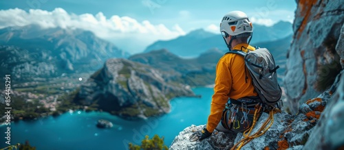 Fototapeta Naklejka Na Ścianę i Meble -  photo of white rock climbing helmet on the mountain, climbing sport concept