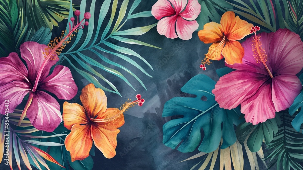Watercolor banner tropical leaves and branches pattern Watercolor banner tropical leaves and branches pattern