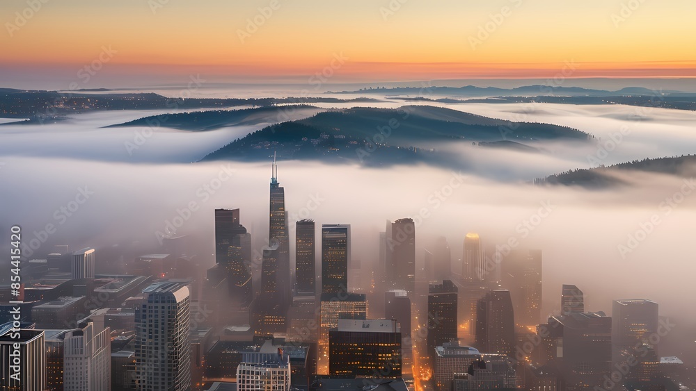Fototapeta premium Ethereal Edifices: The Foggy Cityscape