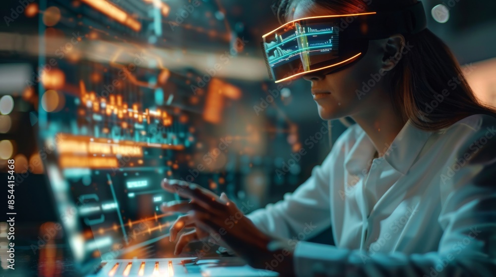 Close-up of Woman's Hands Typing on Laptop with Virtual Reality Glasses and Holographic Screen Displaying Business Data, Showcasing Innovative Remote Work Tools Close-up of Woman's Hands Typing on Laptop with Virtual Reality Glasses and Holographic Screen Displaying Business Data, Showcasing Innovative Remote Work Tools