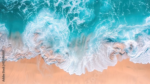 Top view of a serene beach with crystal blue water and gentle waves on a sandy shore. Perfect summer concept for nature-themed banners and wallpapers. Beautiful coastal scenery highlighting the tranqu photo