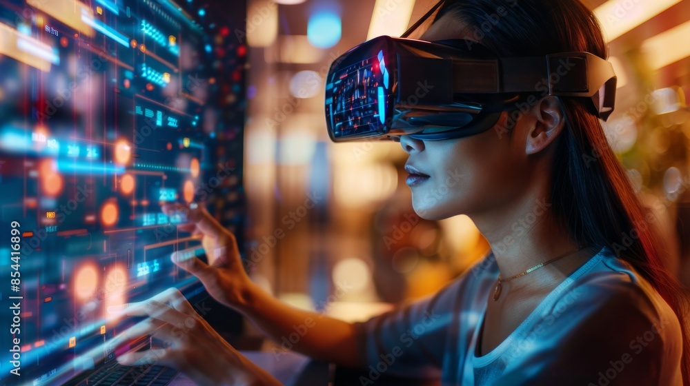 Close-up of Woman's Hands Typing on Laptop with Virtual Reality Glasses and Holographic Screen Displaying Business Data, Showcasing Innovative Remote Work Tools Close-up of Woman's Hands Typing on Laptop with Virtual Reality Glasses and Holographic Screen Displaying Business Data, Showcasing Innovative Remote Work Tools