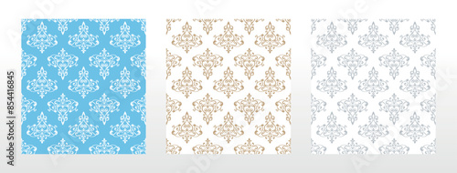 Wallpapers in the style of Baroque. Seamless vector backgrounds. Set of colored floral ornaments. Graphic patterns for fabric, wallpaper, packaging. Ornate Damask flower ornaments
