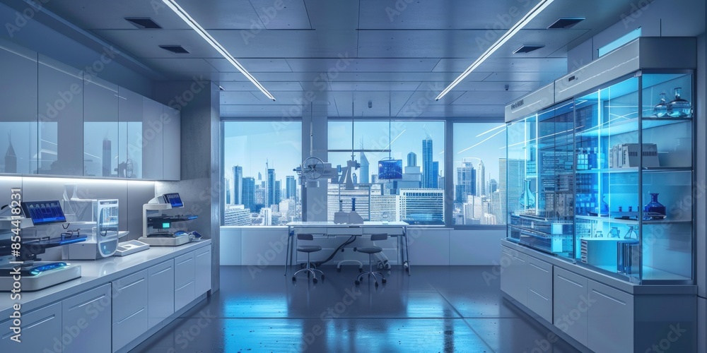 A large, clean, and sterile laboratory with a view of the city. Generate AI image A large, clean, and sterile laboratory with a view of the city. Generate AI image