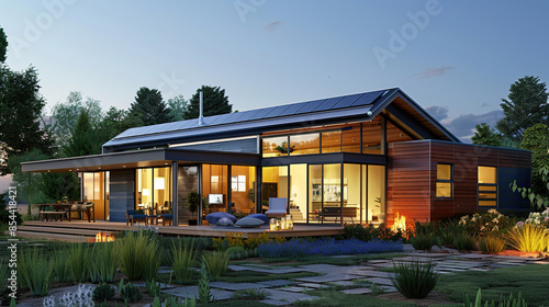 House with photovoltaic system on the roof. Modern environmentally friendly passive house with solar panels on the gable, driveway and landscaped yard