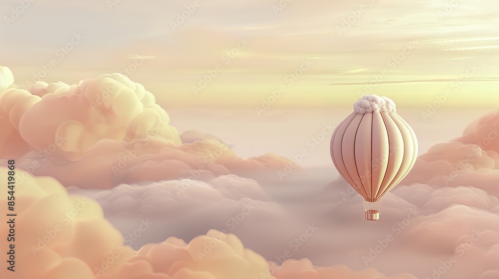 Obraz premium Whimsical cotton candy hot air balloon floating in a room with a pool, surrounded by pink clouds, showcasing conceptual installation art and romantic scenery, featuring colorful installations and hype