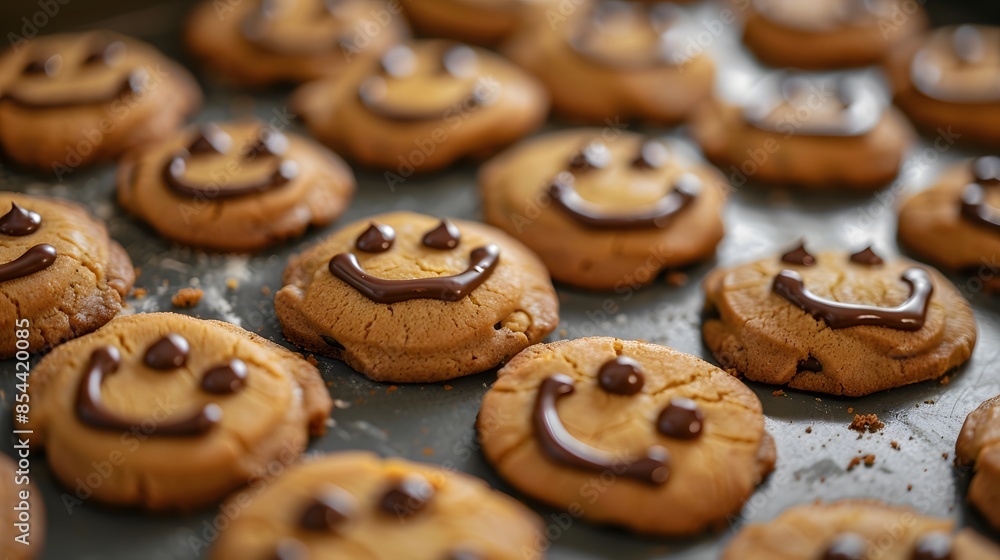 Fototapeta premium Close-up of freshly baked cookies with chocolate smiley faces on a baking tray, a delightful treat