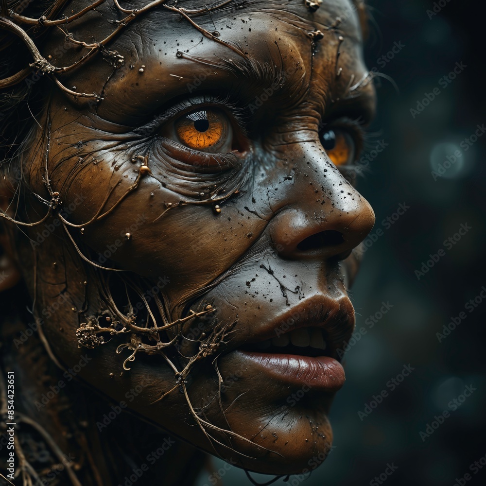 Closeup of a Monster's Face Covered in Vines. Closeup of a Monster's Face Covered in Vines.