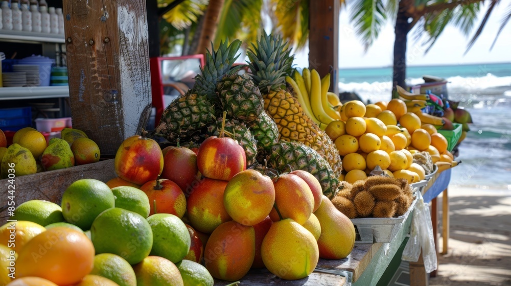 A refreshing break from the sun at the beach fruit stand offering an array of tropical flavors. A refreshing break from the sun at the beach fruit stand offering an array of tropical flavors.