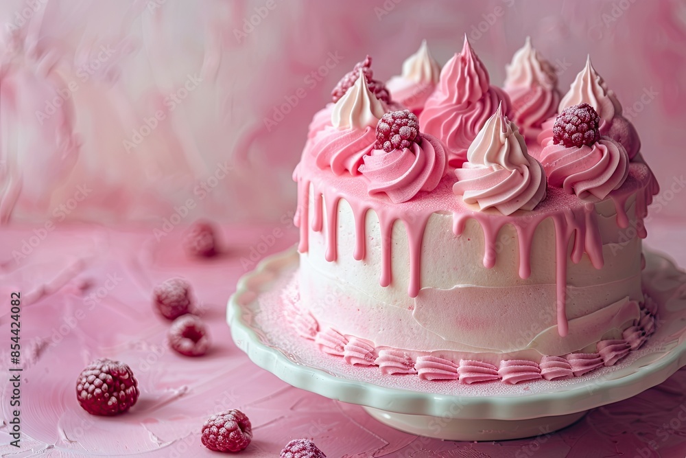 Delicious Pink Raspberry Drip Cake with Whipped Cream and Ganache on White Plate Delicious Pink Raspberry Drip Cake with Whipped Cream and Ganache on White Plate