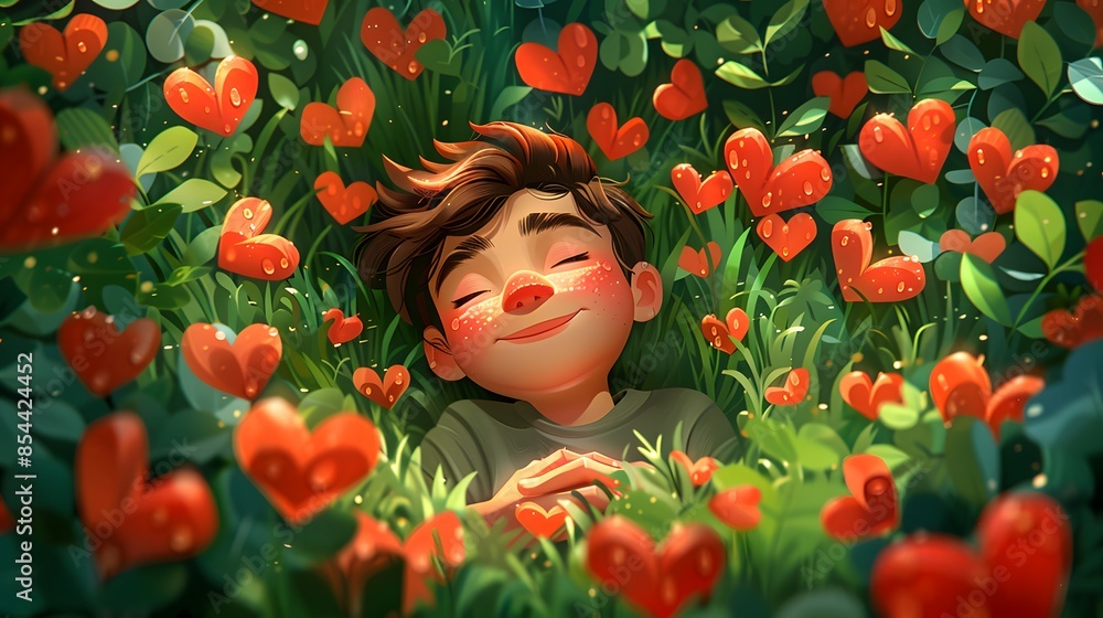 Boy lying in lush garden with heart-shaped flowers, radiating happiness and tranquility Boy lying in lush garden with heart-shaped flowers, radiating happiness and tranquility