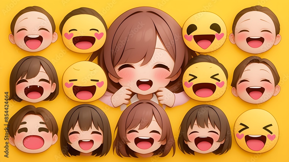 Cute anime-style faces with various happy and laughing expressions on a bright yellow background. Cute anime-style faces with various happy and laughing expressions on a bright yellow background.