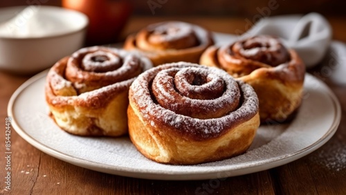  Deliciously twisted  A plate of freshly baked cinnamon rolls © vivekFx
