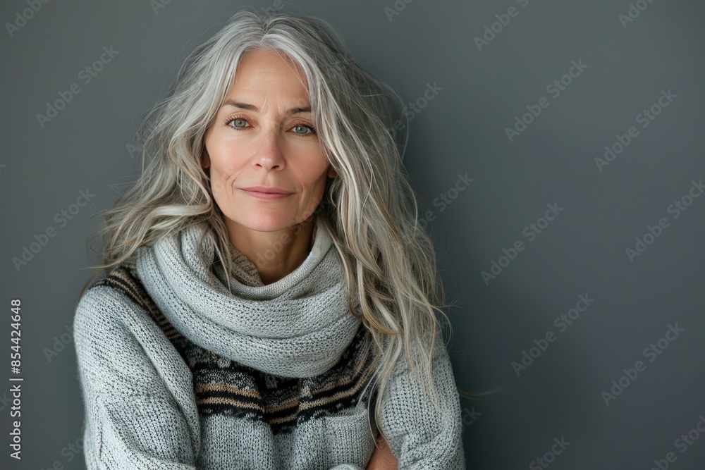 Confident and Stylish Mature Woman with Gray Hair in Cozy Sweater Against Gray Background Confident and Stylish Mature Woman with Gray Hair in Cozy Sweater Against Gray Background