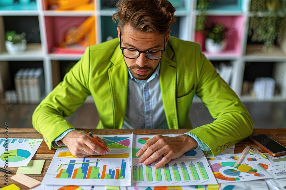 Fototapeta premium Focused Businessman Analyzing Market Trends with Colorful Charts and Data in Modern Office