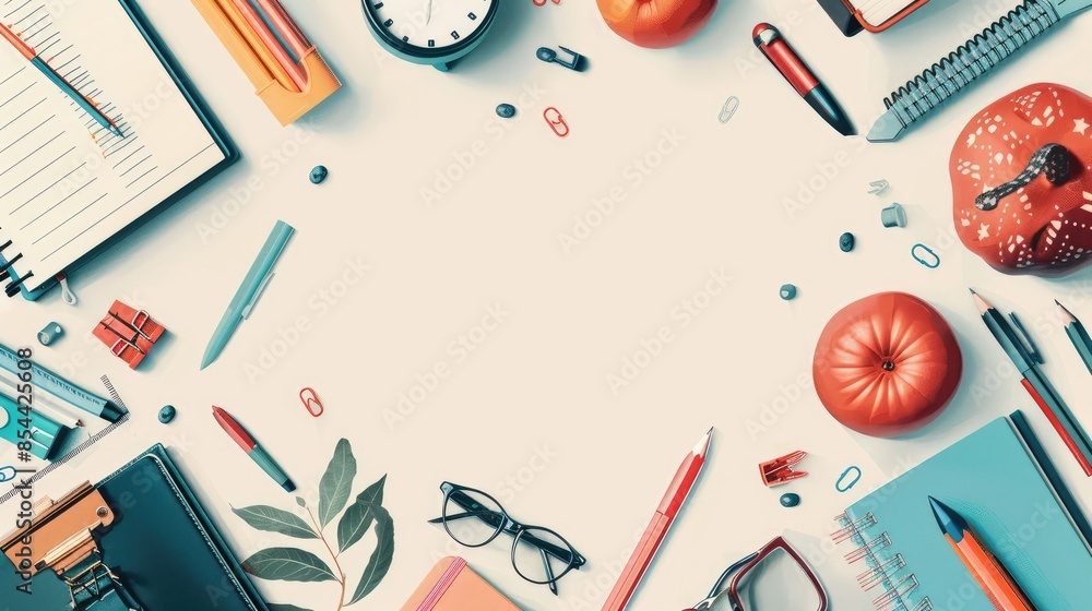 Organized Desk Workspace with Office Supplies and Autumn Decor Organized Desk Workspace with Office Supplies and Autumn Decor