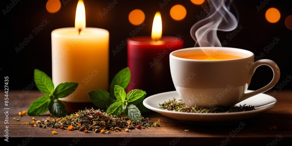 A cup of herbal tea with sprigs of mint or melissa lying on the table. Large hot candles in the background. Rest relaxation. With copy space A cup of herbal tea with sprigs of mint or melissa lying on the table. Large hot candles in the background. Rest relaxation. With copy space