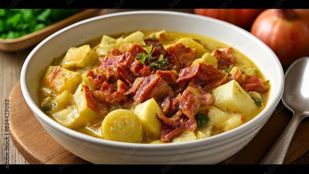 Hearty bowl of soup with bacon and potatoes ready to warm your soul Hearty bowl of soup with bacon and potatoes ready to warm your soul