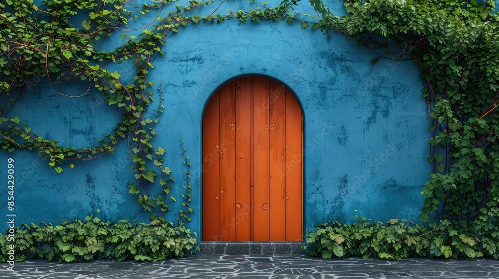 A bright orange arched door set in a vivid blue wall, framed by lush green vines. The scene is calm and inviting. A bright orange arched door set in a vivid blue wall, framed by lush green vines. The scene is calm and inviting.