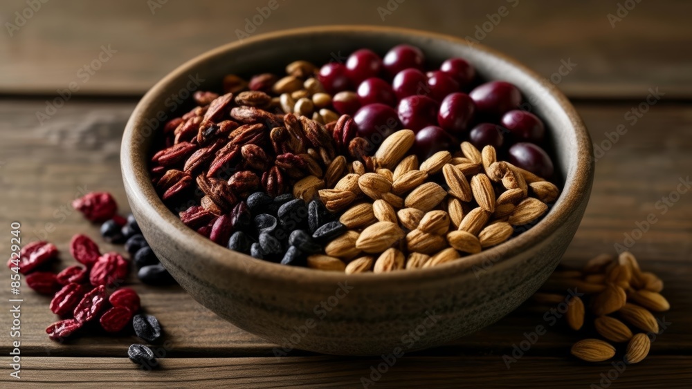 Fototapeta premium A bowl of colorful nuts and dried fruits