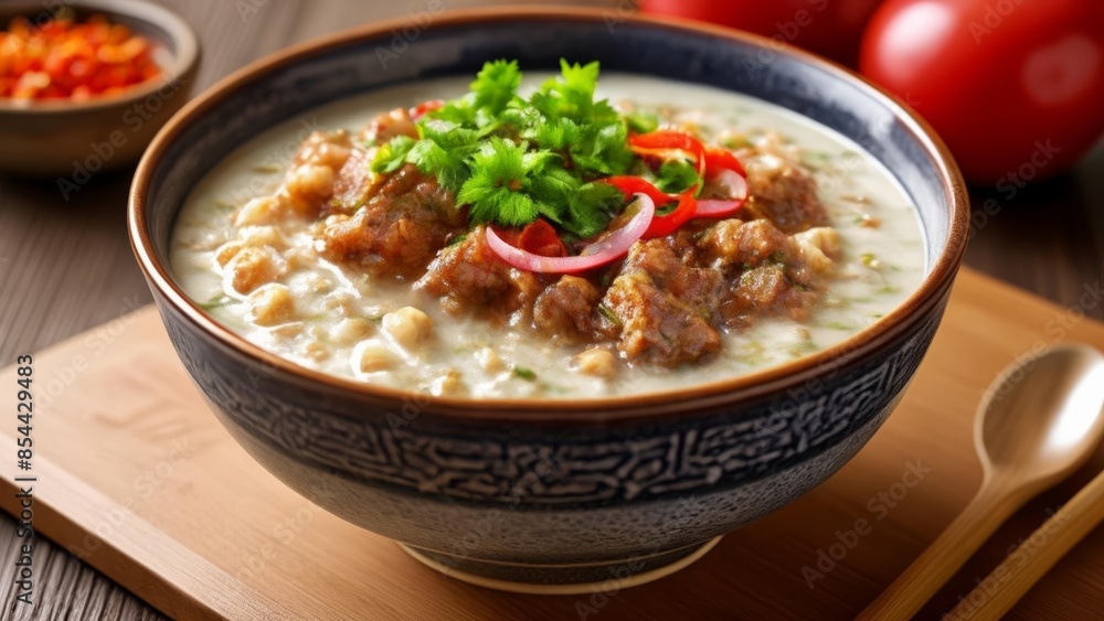 Delicious bowl of soup with fresh herbs and vegetables Delicious bowl of soup with fresh herbs and vegetables