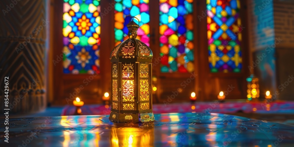 A lantern sits on a table in front of a stained glass window. Generate AI image