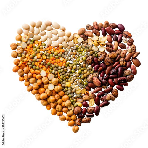 Heart-shaped arrangement of various legumes symbolizing love and nutrition, isolated on a white background, ideal for healthy eating concepts. photo