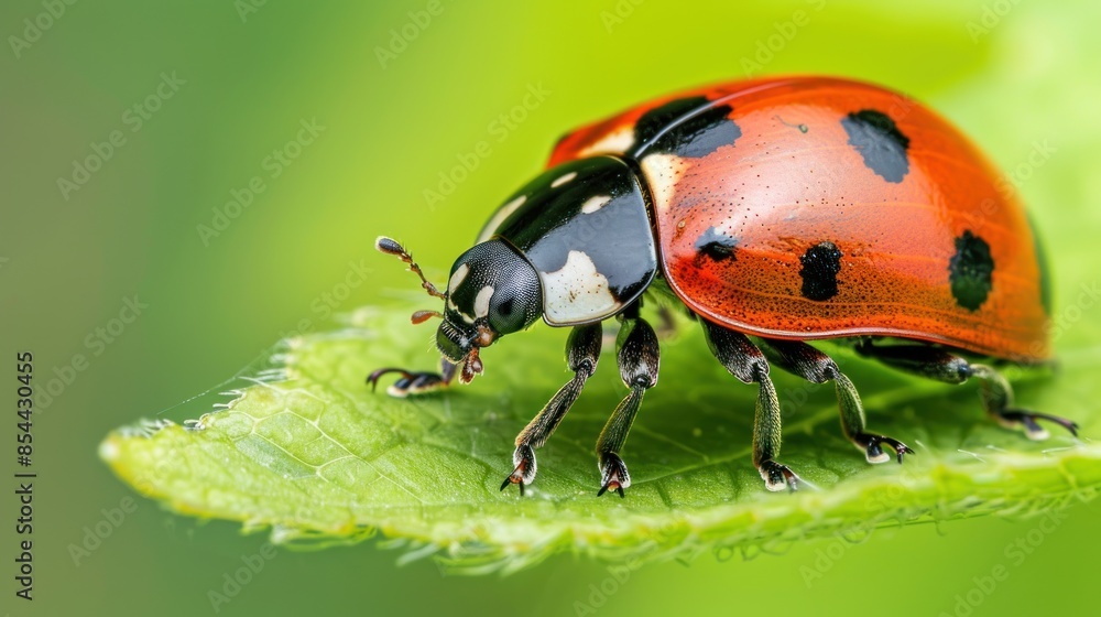 Fototapeta premium Small red-orange ladybug on a green leaf