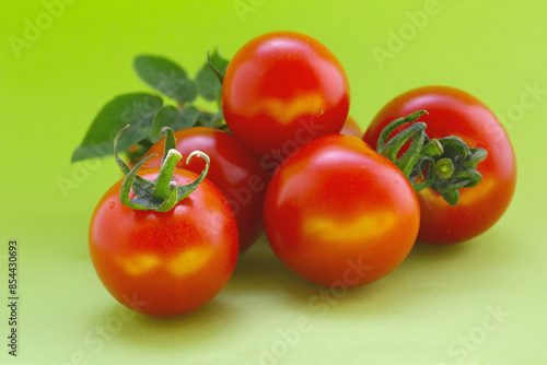 red cherry tomatoes on a vivid green background 