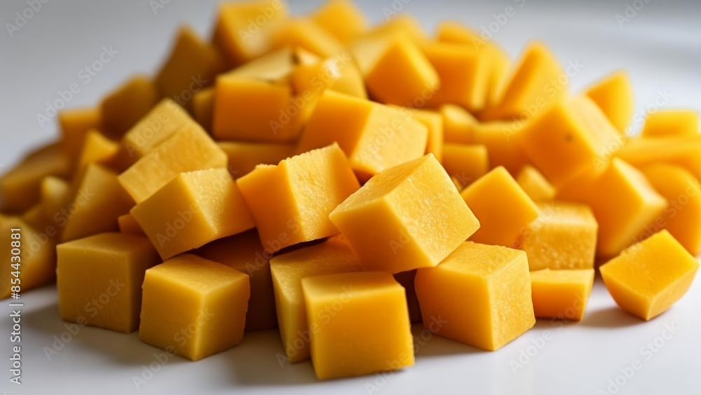 A pile of fresh ripe and juicy mango cubes A pile of fresh ripe and juicy mango cubes