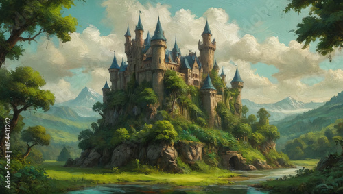 Majestic castle and lush greenery are depicted with bold, thick oil layers, forming a fantasy landscape filled with wonder and magic, Generative AI
