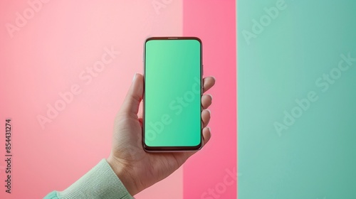 In a minimalist setting with pastel tones, a hand holds a vertical blank green screen smartphone mock-up. The high-resolution, full ultra HD quality emphasizes the clarity and detail of the device,