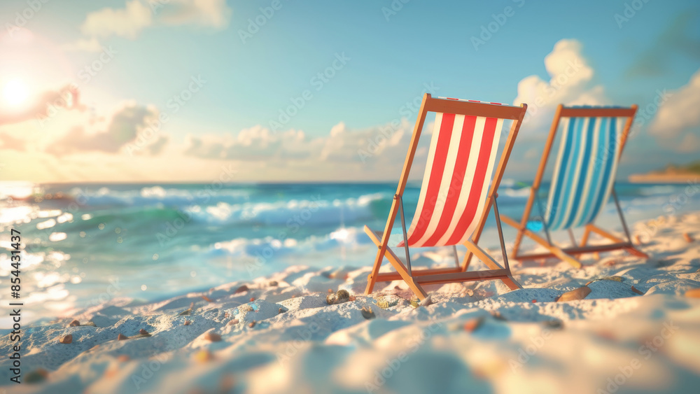 Two striped beach chairs facing the ocean on a sandy beach with calm waves Two striped beach chairs facing the ocean on a sandy beach with calm waves